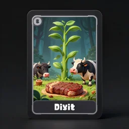 dixit card, strange place, steak, cow, beanstalk, focal point, character eating, dark fantasy, intricate, orthographic, amazing composition, colorful watercolor, by ruan jia, by maxfield parrish, by shaun tan, by nc wyeth, by michael whelan, by escher, illustration, gravity rush, volumetric