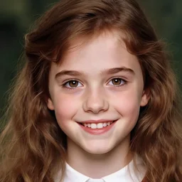 portrait of 1 5 - year - old girl, little smile, with large front teeth, hermione, very bushy brown hair, and very bright brown eyes, wearing white shirt, hyper realistic face, beautiful eyes, close up, fantasy art, in the style of greg rutkowski, intricate, alphonse mucha, hyper detailed, smooth