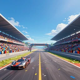 wide angle shot of a futuristic vehicle racetrack finish line with confetti on a sunny day with a clear blue sky, cyberpunk, profile shot, digital painting, good value control, vibrant colors, crowded stands, three point perspective, rule of thirds, golden ratio, horizon line focus, sharp focus, vanishing point