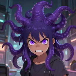 artstation young teen with purple eyes and tentacles on her head in fury, very detailed, in glass town, portrait, high contrast