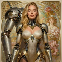 portrait of margot robbie, suggestive, robot steampunk, floral! horizon zero dawn machine, intricate, elegant, highly detailed, ray tracing, digital painting, artstation, concept art, smooth, sharp focus, illustration, art by artgerm and greg rutkowski and alphonse mucha, 8 k