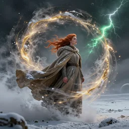 swirls of smoke and snow whirl around a young copper - haired woman wearing a long flowing cloak blowing in the wind, swirling flashes of gold and silver light, traces of green, lightning in distant clouds, cinematic lighting, fantasy painting, distant planet