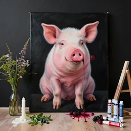 “ a portrait in a female art student ’ s apartment, sensual, a pig theme, pork, art supplies, paint tubes, ikebana, herbs, a candle dripping white wax, black walls, squashed berries, berry juice drips, acrylic and spray paint and oilstick on canvas, surrealism, neoexpressionism ”