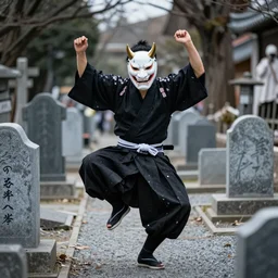 A man wearing a japan demon mask dancing on the graveyard