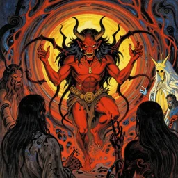 The demon greeting souls at the inner circle of Hell by Dan Mumford: 1, by Utagawa Kuniyoshi and Stephen Gammell: 0.5, vibrant, psychedelic