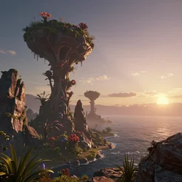 beautiful render of an alien world, unreal engine, first light, alien flora, rocky outcroppings, ocean, serene sunset, proxima centauri a, soft light, by greg rutkowski, cgsociety
