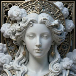 detailed realistic face portrait octane render, artwork by james jean, chiara bautista, smooth polished matte porcelain, queen of futility, jean delville, art nouveau, james jean spiraling clouds, ornate metal gothic icon heavy patina, joy, delicate, enchanting, otherworldly, whimsical, ethereal, mythology, magical surreality, beauty