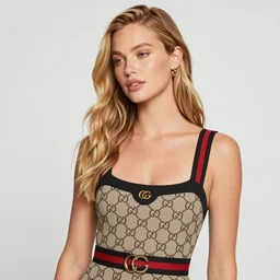olive skinned strawberry - blonde female model in her twenties, wearing a gucci dress, looking content, focused on her neck, photo realistic, extreme detail skin, natural beauty, no filter, slr, golden hour, 4 k, high definition, selfie