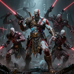 concept art of kratos, lovecraftian, lots of teeth, melting horror, fighting the horrors of the unknown with laser guns, by greg rutkowski, by anton fadeev, by rhads, 4 k, cyber punk style, glowing blue veins, greg rutkowski, very coherent symmetrical artwork, cinematic, hyper realism, high detail, octane render, unreal engine, 8 k