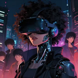 photo portrait of a japanese cyberpunk cyborg girl wearing a futuristic vr headset, finely detailed features, cyborg robot parts with glowing lights!, futuristic vr headset!, dramatic cinematic, night, at cyberpunk city, ghost in the shell, akira, odeo, cinematic lighting, in danger, noir, trending on pixiv fanbox, afro - futurism, painted by greg rutkowski makoto shinkai takashi takeuchi craig mullins, alphonse mucha, studio ghibli, pixiv