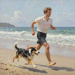man and dog running on beach, oil painting award winning, masterpiece trending on artstation 8 k 1 5 0 mpx
