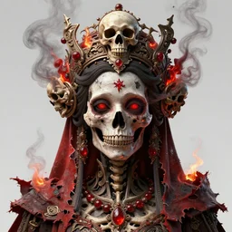 a beautiful detailed 3d matte painting of face portrait of female empress of the dead, by ellen jewett, tomasz alen kopera and Justin Gerard, symmetrical features, ominous, magical realism, texture, intricate, ornate, royally decorated, skull, skeleton, whirling smoke, embers, red adornements, red torn fabric, radiant colors, fantasy, trending on artstation, volumetric lighting, micro details, 3d sculpture, ray tracing, 8k