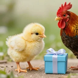 realistic cute yellow hatchling chick getting a tiny birthday present from a rooster