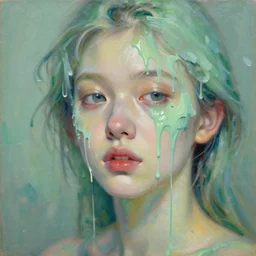 portrait of a beautiful girl, liquid paint dripping over face, brush strokes all over, intimate, pastel shades of green, beautiful face, rule of thirds, spotlight, expressive, passionate, by greg rutkowski, by tom bagshaw, by jeremy mann, by francoise nielly, by vincent van gogh, oil painting