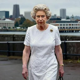 ultra realistic painting of queen elizabeth ii in the 1 9 8 9 city of tacoma, wearing a water soaked white short dress, looking into the camera with a smirk, art by ross draws, 4 k, ultra realistic, highly detailed, epic lighting