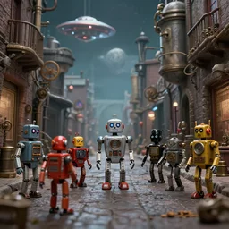 1 9 5 0 s scifi, tin toy robots, ufo, flying saucer, moon, meninblack, steampunk, alley, streets, walter sickert, earl norem, depth of field, hyperrealistic, octane render detailed and intricate environment