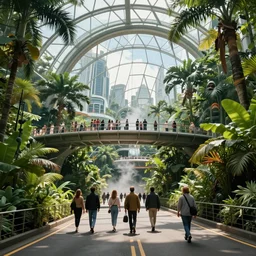 movie still frame, pedestrian road of a luxurious futuristic city glass dome inside a lush jungle, bridges with tourists, beautiful composition, sunny, steam, 8 k, cgi, by ridley scott, james cameron, zack snyder and michael bay
