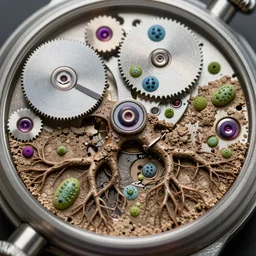 detailed view from inside a clockwork watch, entangled roots, cracked earth, microorganisms smeared, hyper realistic photo, full colour, upscale, 8 k