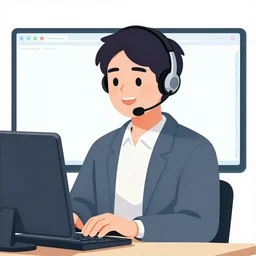 friendly tech support with headset in front of a big screen aspect 1 6 : 9