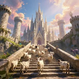a herd of goats! on stairs in a beautiful fantasy cathedral, medieval citadel, medieval castle, many goats, magic, tall towers, gorgeous clouds, colorful, open space, sunrays, digital painting, landscape, octane render, unreal engine, high detail, very realistic