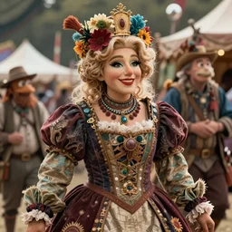 detailed ultrarealistic photography medium shot of dnd organic festival rustic robust queen in muppet suit leyendecker, norman rockwell, greg rutkowski, artstation cinematic,