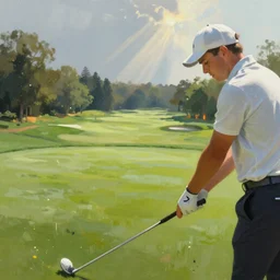 close-up of a golf player on a lush golf course with a burning forest far away, digital painting, 4k, rays of light, particles light, by sasha kalinkin