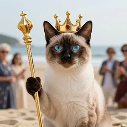 realistic siamese cat with blue eyes with crown and scepter like a king on a beach with adoring audience