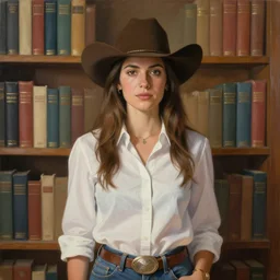 a painting of a woman standing in front of a bookshelf!!, facing!! the camera, cowboy shot, a character portrait by fernando amorsolo, behance contest winner, concept art, by greg rutkowski