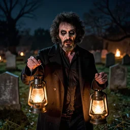 portrait photo still of a spooky bob ross holding a match, lanterns, in front of an old cemetery on fire at night, 8 k, 8 5 mm f 1. 8