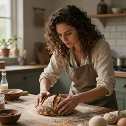 a woman with lightly curly dark hair baking sourdough, fantasy art, highly detailed