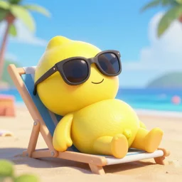 a lemon wearing sunglasses relaxing on the beach, pixar movie still, 3 d, realistic render, hyperdetailed, 4 k