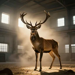 a great deer standing majestic in a large industrial room with small windows, golden light, thick mist effect, backlit, insane details, hyperrealistic photo by jimmy nelson, trending on artstation