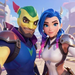 Viper from the game Valorant taking a selfie with Mercy from the game Overwatch, detailed faces