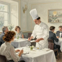 a prestigious restaurant packed with customers, best chef in the world takes orders, detailed artwork by Durand and Mullins, light colours, beautiful, trending on artstation