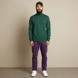 a young man with a chin - style dark brown beard without mustache in a dark black cap, green turtleneck, purple pants and super white sneakers in full height, perfect face, without mustache, chad face
