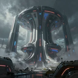 beautiful low angle painting of an alien world with beautiful sleek buildings and technology, futurepunk, smoke, neon lights,, moody atmosphere, epic composition, dramatic lighting, trending on artstation, octane render, by robert zemeckis