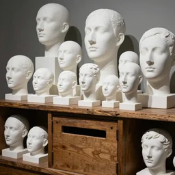 an huge collection of assortment of white clay sculpted abstract and deformed heads in a rustic wooden letterbox, white matte porcelain, sculptures, museum display