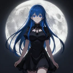 a girl with blue hair is standing in front of a full moon, a screenshot by Jin Homura, featured on pixiv, gothic art, gothic, anime, official art