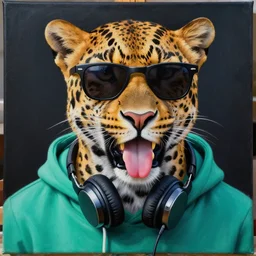 a photorealistic canvas painting of a leopard wearing black sunglasses, a teal green hoodie and headphones around his neck. tongue out. hyper detailed. this 4 k hd image is trending on artstation, featured on behance, well - rendered, extra crisp, features intricate detail, epic composition and the style of unreal engine.