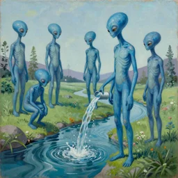 painting of tall and slender blue aliens near river pouring water