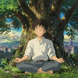 meditation over the city of trees portrait flcl by makoto shinkai concept art by syd mead