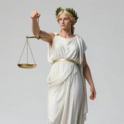 an extremely realistic full body portrait of themis the greek goddess of balance holding a balance scale, wearing ancient greek white paper tunic and laurel wreath, extremely beautiful, precise anatomy, young and slender, by artgerm and by greg rutkowski and by alphonse mucha and by simon bisley, radiant light, detailed and intricate environment