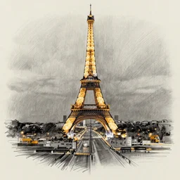 beautiful pencil sketch of Paris at night