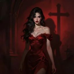 shameless woman with impudent facial expression in  shadow of church cross, elegant, dark and mysterious, atmospheric, red, trending on artstation, highly detailed, digital painting, volumetric light, concept art, illustration