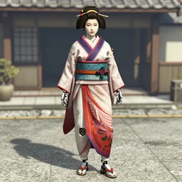 full body length photo of a Japanese robot geisha, gta5 style