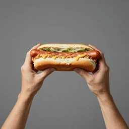 a portrait of a human with feet for hands, hot dog, hamburger, chicken sandwich