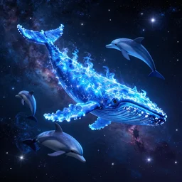 Ethereal blue fire whale and dolphins flying through a nebula, star dust, cosmic, magical, shiny, glow,cosmos, galaxies, stars, outer space, stunning, by andreas rocha and john howe, and Martin Johnson Heade, featured on artstation, featured on behance, golden ratio, ultrawide angle, hyper detailed, photorealistic, epic composition, wide angle, f32, well composed, UE5, 8k