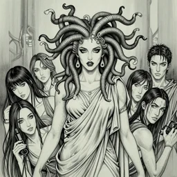 portrait of anne curtis as medusa looking for camera wearing greek chiton, fantastically eerie, desaturated colors, pen and ink, glamorous pose, intricate line drawings, by craig mullins, ruan jia, kentaro miura, greg rutkowski, victo ngai