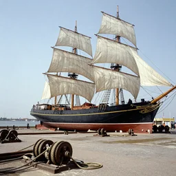 a 1 9 th century boat yard reelected in the harbour, sails, partially built sailing ships, rope and pulleys on the ground