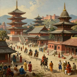 an extremely detailed, surreal, beautiful painting of india in the 1 8 th century which has been ruled over by japan filled with great japanese architecture, indian temples, samurai's walking the streets, indians in traditional wear haggling with the street vendors, indian maharaja riding on horses, indian forts in the background, hyper realistic, trending on artstation, 8 k, hd